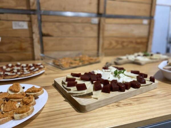 Food on wooden trays.