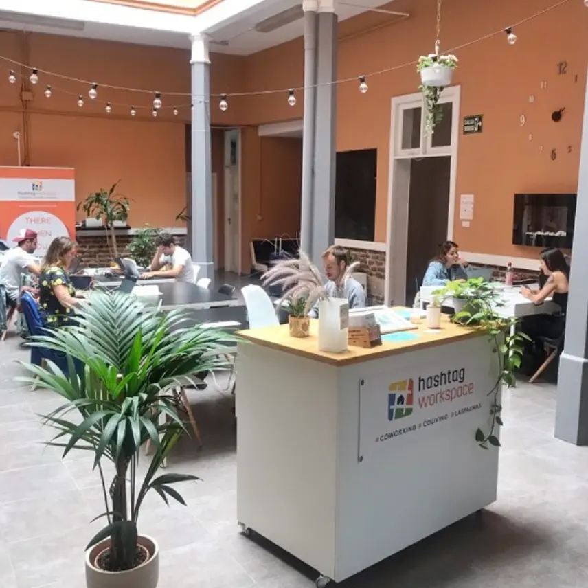 People seated at tables in a spacious cafe interior with plants, at Hashtag Workspace in Gran Canaria, Spain
